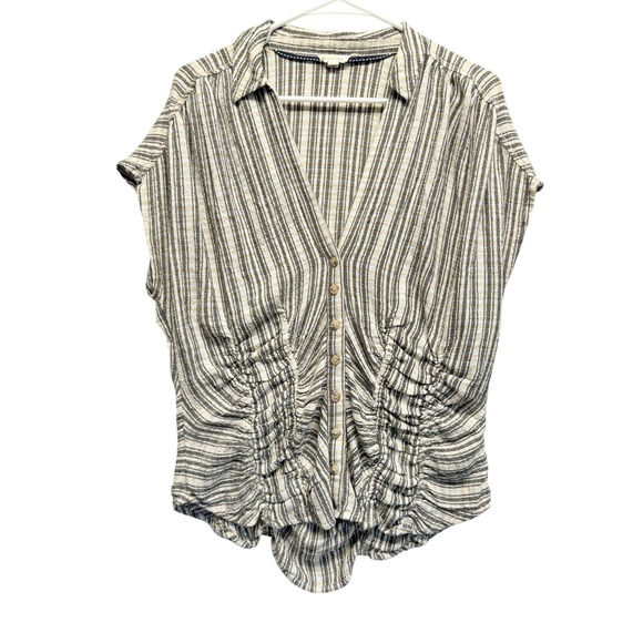 Pilcro and the Letterpress Tops - Pilcro Button Down Shirt Ruched Striped XL Cream Tan Women Lagenlook